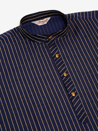 Men Navy Blue Striped Pleated Chikankari Kurta pyjama Set