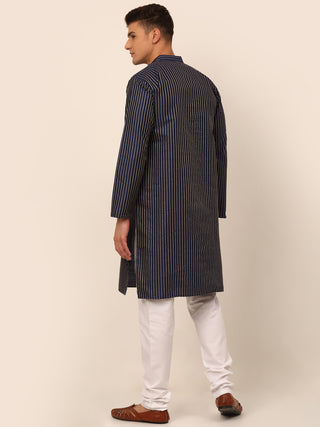 Men Navy Blue Striped Pleated Chikankari Kurta pyjama Set