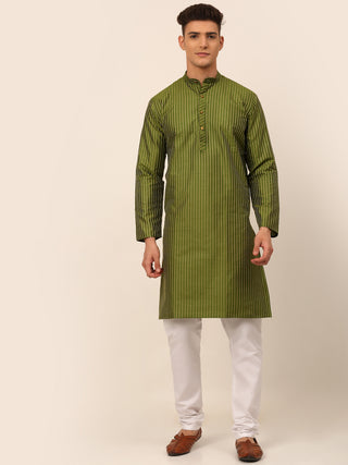 Men Olive Green Striped Pleated Chikankari Kurta pyjama Set