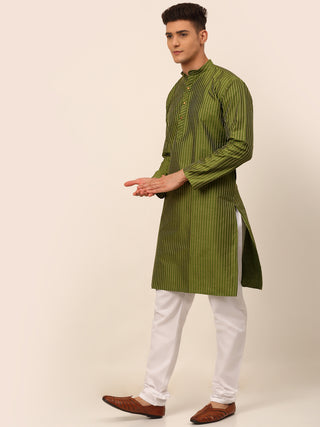 Men Olive Green Striped Pleated Chikankari Kurta pyjama Set