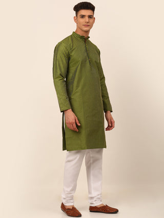 Men Olive Green Striped Pleated Chikankari Kurta pyjama Set