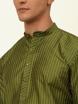 Men Olive Green Striped Pleated Chikankari Kurta pyjama Set