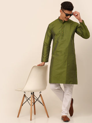 Men Olive Green Striped Pleated Chikankari Kurta pyjama Set