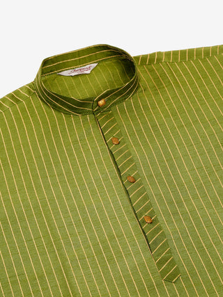 Men Olive Green Striped Pleated Chikankari Kurta pyjama Set