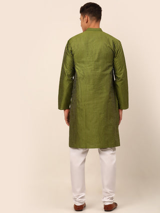 Men Olive Green Striped Pleated Chikankari Kurta pyjama Set