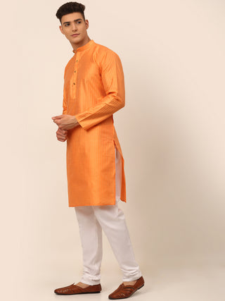 Men Peach Striped Pleated Chikankari Kurta pyjama Set