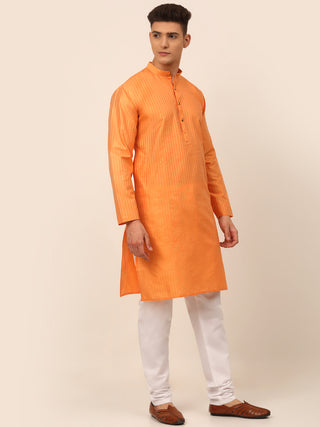 Men Peach Striped Pleated Chikankari Kurta pyjama Set