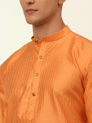 Men Peach Striped Pleated Chikankari Kurta pyjama Set