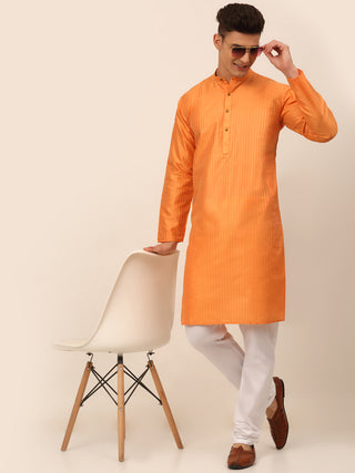 Men Peach Striped Pleated Chikankari Kurta pyjama Set