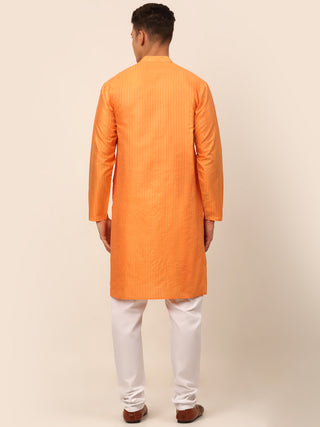 Men Peach Striped Pleated Chikankari Kurta pyjama Set