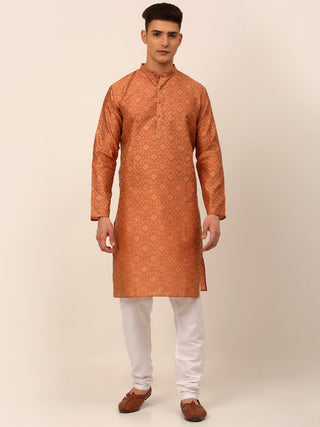 Men Peach Floral Printed Kurta with Churidar