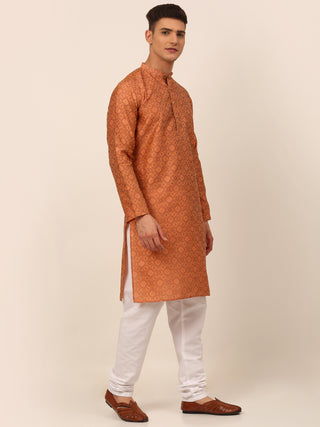 Men Peach Floral Printed Kurta with Churidar