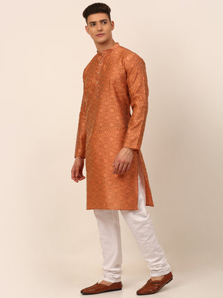 Men Peach Floral Printed Kurta with Churidar