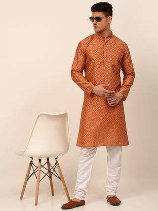 Men Peach Floral Printed Kurta with Churidar