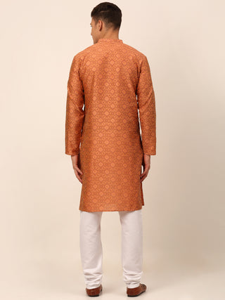 Men Peach Floral Printed Kurta with Churidar