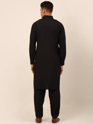 Men Black Cotton Solid Pathani Kurta with Salwar