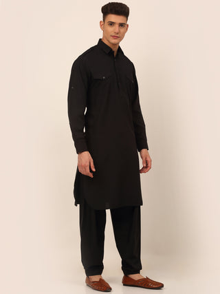 Men Black Cotton Solid Pathani Kurta with Salwar