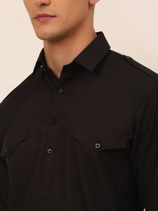 Men Black Cotton Solid Pathani Kurta with Salwar