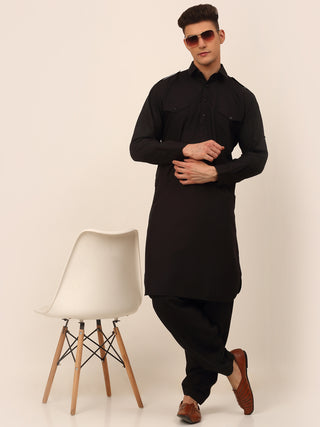 Men Black Cotton Solid Pathani Kurta with Salwar