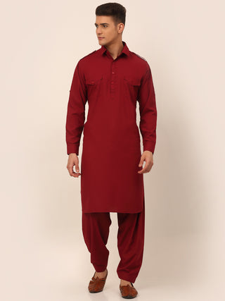 Men Maroon Cotton Solid Pathani Kurta with Salwar