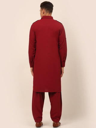 Men Maroon Cotton Solid Pathani Kurta with Salwar