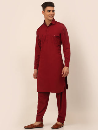 Men Maroon Cotton Solid Pathani Kurta with Salwar