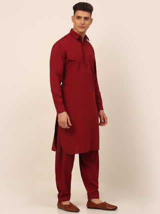 Men Maroon Cotton Solid Pathani Kurta with Salwar