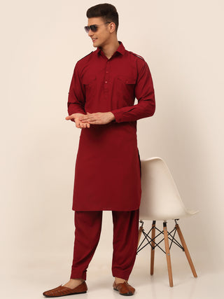 Men Maroon Cotton Solid Pathani Kurta with Salwar