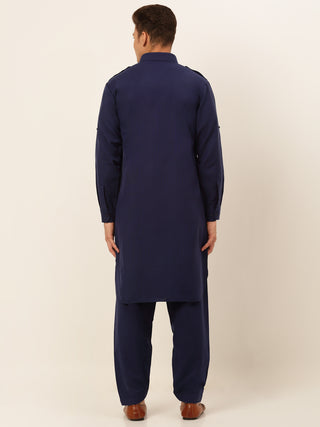 Men Navy Cotton Solid Pathani Kurta with Salwar