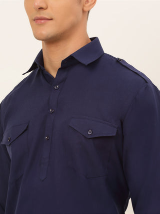 Men Navy Cotton Solid Pathani Kurta with Salwar