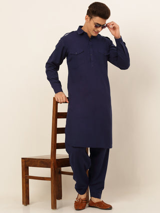 Men Navy Cotton Solid Pathani Kurta with Salwar