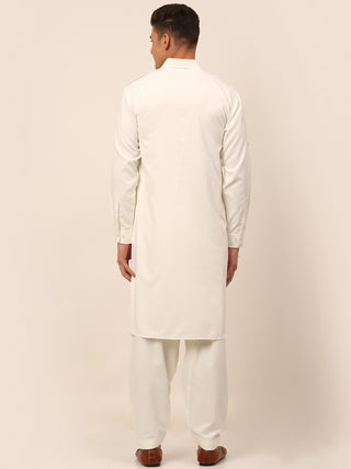 Men White Cotton Solid Pathani Kurta with Salwar