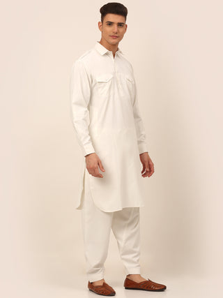 Men White Cotton Solid Pathani Kurta with Salwar