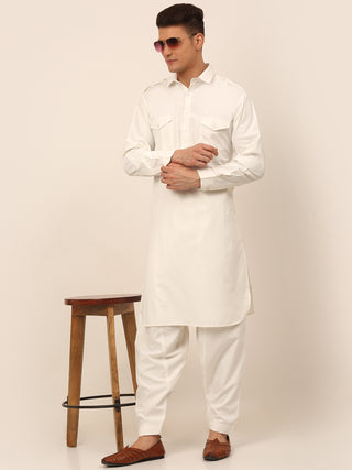 Men White Cotton Solid Pathani Kurta with Salwar