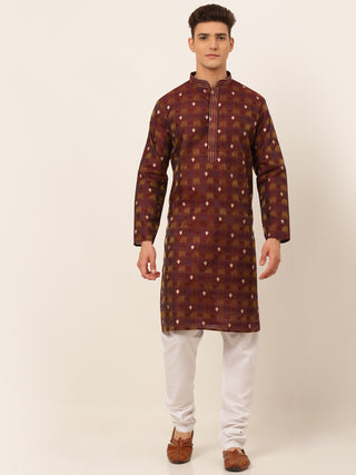 Jompers Men's Maroon Collar Embroidered Woven Design Kurta Pajama