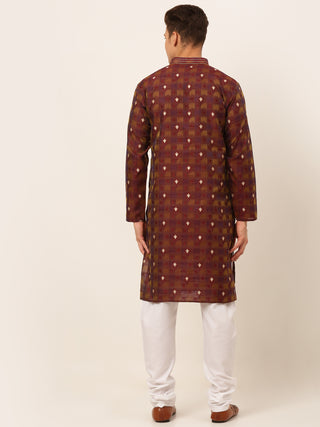 Jompers Men's Maroon Collar Embroidered Woven Design Kurta Pajama