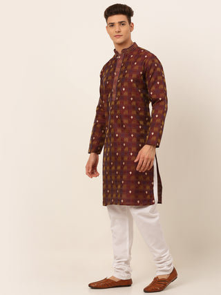 Jompers Men's Maroon Collar Embroidered Woven Design Kurta Pajama