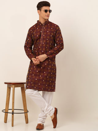 Jompers Men's Maroon Collar Embroidered Woven Design Kurta Pajama