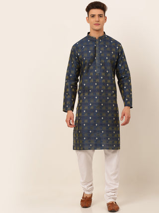 Jompers Men's Navy Blue Collar Embroidered Woven Design Kurta Pajama