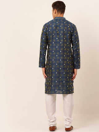 Jompers Men's Navy Blue Collar Embroidered Woven Design Kurta Pajama