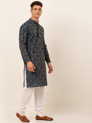 Jompers Men's Navy Blue Collar Embroidered Woven Design Kurta Pajama