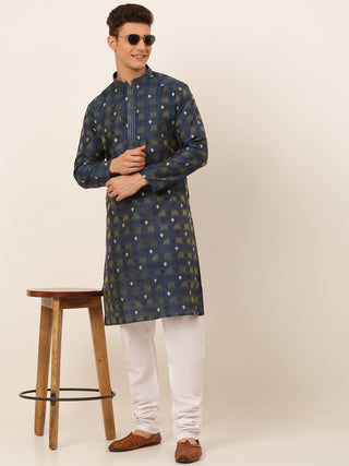 Jompers Men's Navy Blue Collar Embroidered Woven Design Kurta Pajama