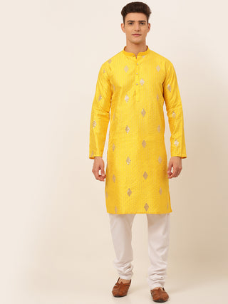 Jompers Men Mustard Yellow Embroidered Sequinned Kurta with Churidar