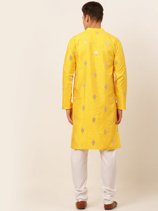 Jompers Men Mustard Yellow Embroidered Sequinned Kurta with Churidar