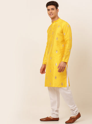 Jompers Men Mustard Yellow Embroidered Sequinned Kurta with Churidar