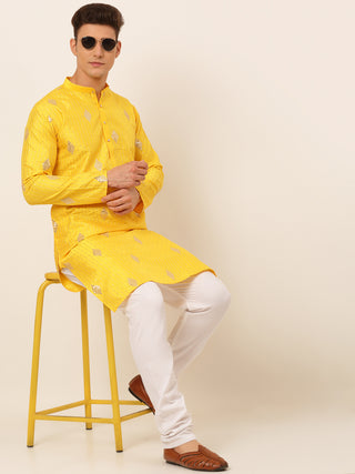 Jompers Men Mustard Yellow Embroidered Sequinned Kurta with Churidar