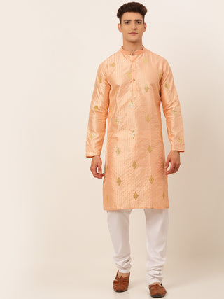 Jompers Men Peach Embroidered Sequinned Kurta with Churidar