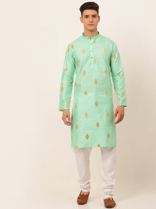 Jompers Men Sky Blue Embroidered Sequinned Kurta with Churidar