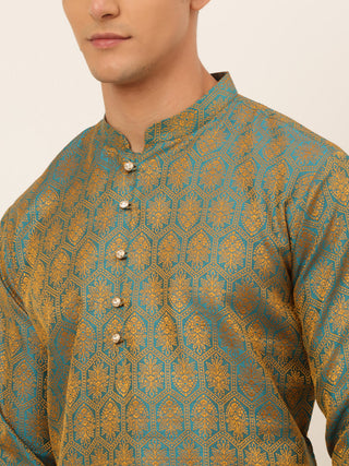 Jompers Men's Blue and Golden Woven Design Kurta Pajama