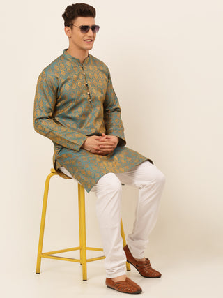 Jompers Men's Blue and Golden Woven Design Kurta Pajama